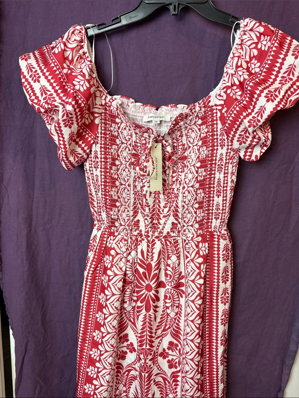 NWT Francesca's Red and White Off-Shoulder smocked bust Mini Dress size medium